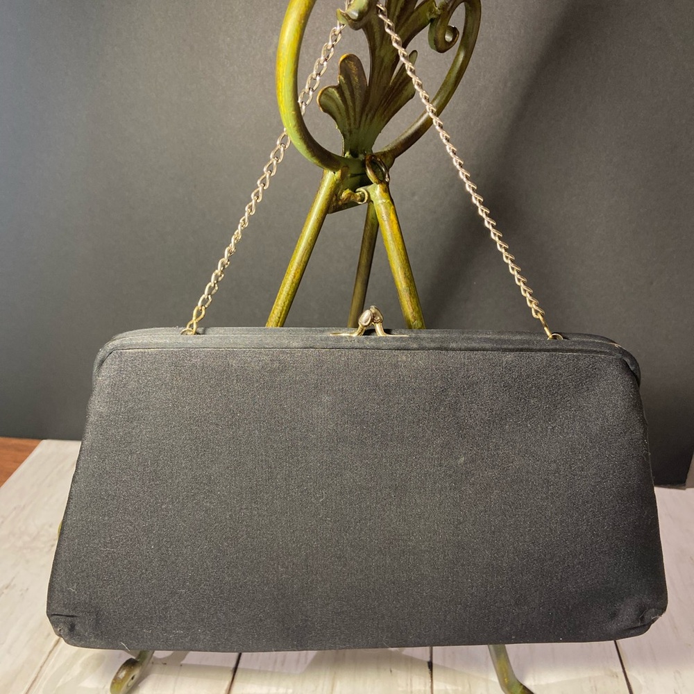 Vintage 60s Sophisticated Black Satin Chain Clutch Purse